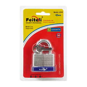 Candado de acero laminado, 45mm reforzado en acero con gancho corto, resistente al corte con un nivel de seguridad básico + juego de llaves / lc045