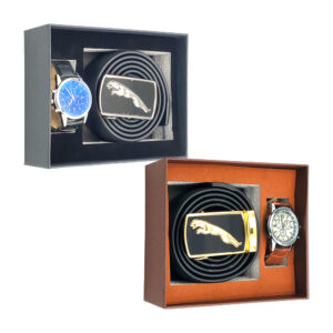 Regalo para caballero con cinto, reloj de piel sintética y acabados elegantes