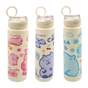 Bote tipo termo, cilíndrico, con popote botable y estampado de animales animados