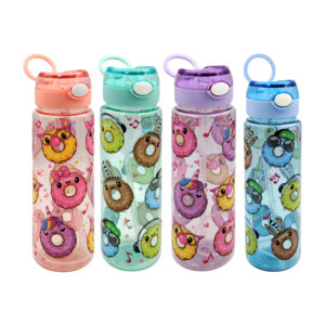 Botella plástica,estampada de alimento kawaii y popote retráctil, colores varios