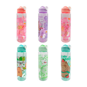 Botella translúcida con popote, estampado de capibara y capacidad de 1litro aprox, variedad de colores y modelos / capy bara / lu1382