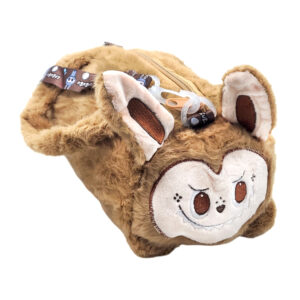 Bolsa afelpada pequeña cilíndrica con diseño de labubu + correa estampada