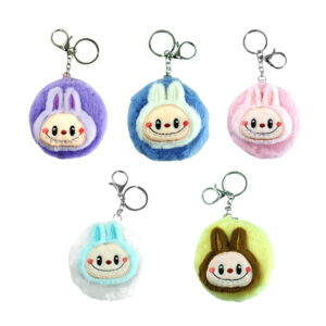 Mini espejo redondo afelpado con aro llavero y figura de labubu colores varios