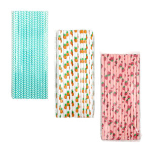 Paquete con 25 popotes de papel, con estampado de frutas, flores, y/o patrones animados, variedad de diseños / n1-116