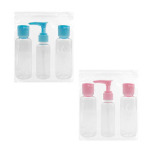 Set estuche con 3 botellas de plástico para viaje con capacidad de 100ml, variedad de colores / t916 / j558