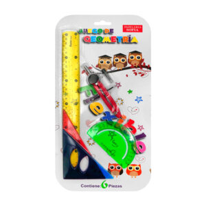 Juego de geometría flexible 5 piezas, regla, 2 escuadras, transportador, compás