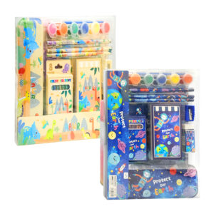 Kit papelería con 6 acuarelas, 3 lápices, 8 crayones, mini libreta, borrador, sacapuntas, libreta para dibujar y estuche metálico, variedad de diseños / zl-814 / e-904