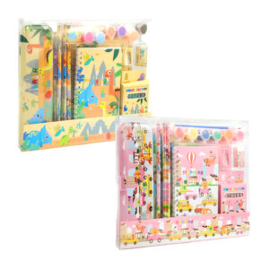 Kit papelería con 6 acuarelas, 3 lápices, 8 crayones, regla de 15cm, libreta, sacapuntas, borrador, libreta para dibujar y estuche metálico, variedad de diseños / e-904 / zl-816 / 607594
