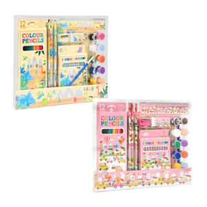 Kit papeleria con 12 acuarelas, 12 crayones, regla de 15cm, borrador, sacapuntas, 3 lápices, 12 lápices de colores y libro para dibujar, variedad de diseños / zl-817 / 607594