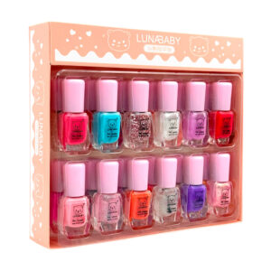 Paquete con 24 esmaltes infantiles para uñas nail lacquer en colores pastel, brillos - glitter con estampado de oso lunababy 6ml, variedad de colores / zxq03751 / lunababy