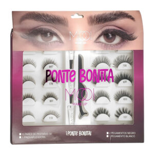 Paquete con 12 pares de pestañas postizas + 3 pegamentos y pinzas aplicadoras / mooi / ponte bonita / 75035