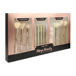 Set con 11 brochas de diversos tamaños y 2 esponjas para aplicar maquillaje / mega beauty / nb4002